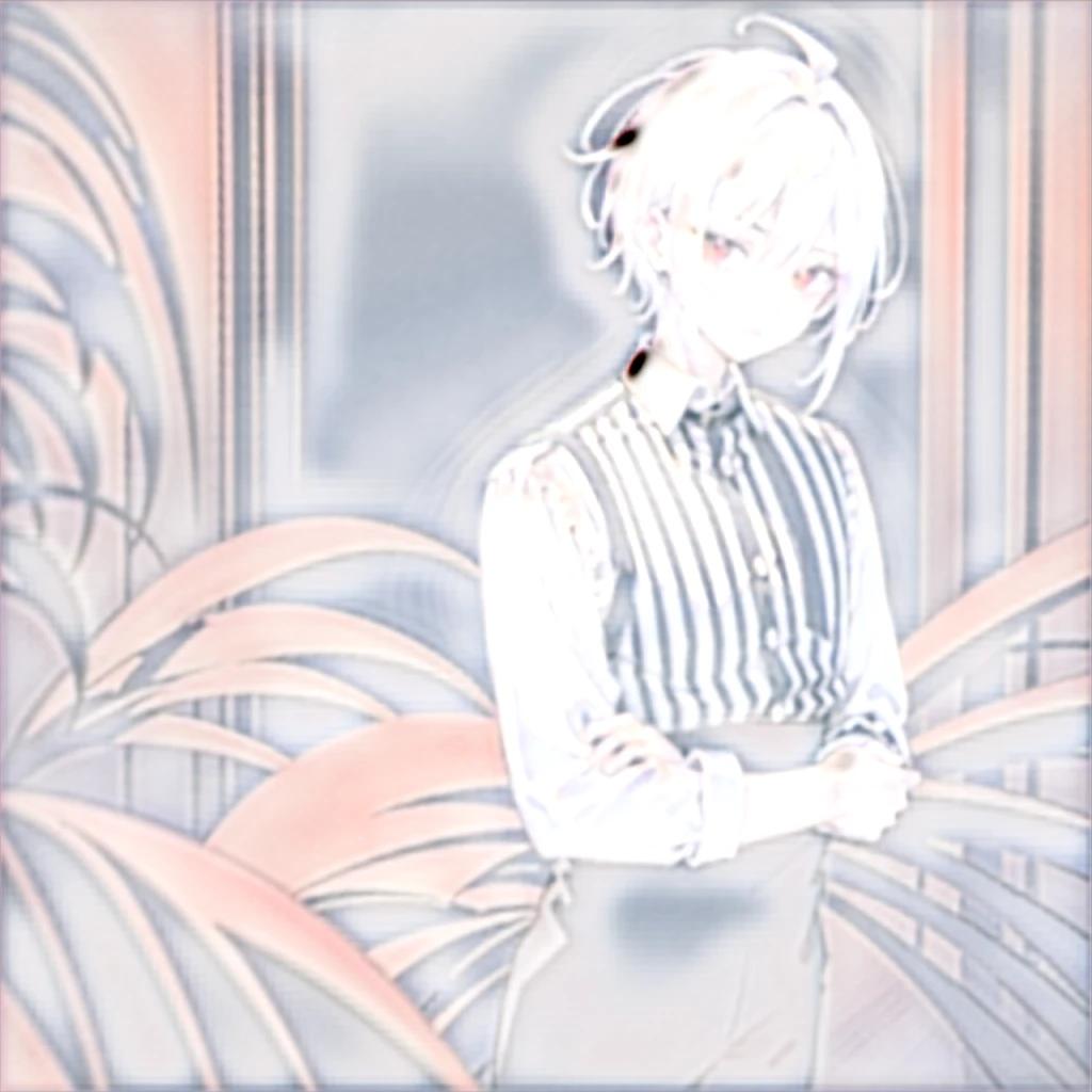 Boy,white hair,red eyes, stripe black and white shirt, Black plants,