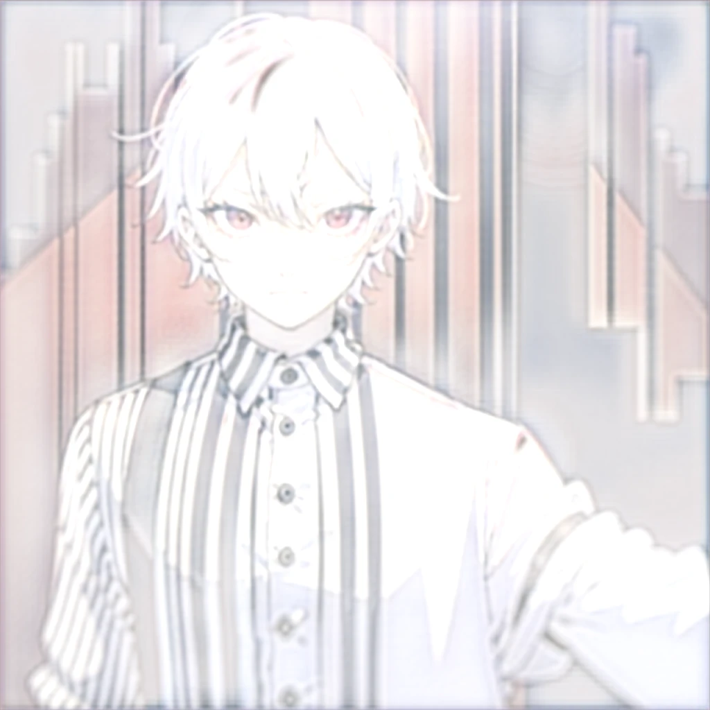 Boy,white hair,red eyes, stripe black and white shirt, Black plants,