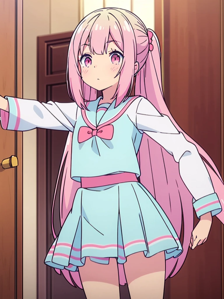 long light blue fur,deep red pink eyes,Hair up with two pink scrunchies.,Short double ponytail,Qi bangs,There are two long hair curtains on both sides.,Wearing a white sailor uniform.,Short skirt,Raise your bangs with hairpins,The sleeves are long,Fresh environment,warm color palette,The eyes have God.,to emphasize,Masterpiece,rubor rubor cuerpo completo Short skirt tableada medias largas blancas