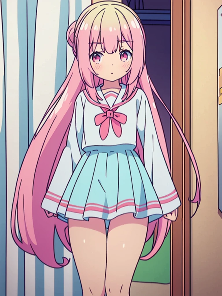 long light blue fur，deep red pink eyes，Hair up with two pink scrunchies.，Short double ponytail，Qi bangs，There are two long hair curtains on both sides.，Wearing a white sailor uniform.，Short skirt，Raise your bangs with hairpins，The sleeves are long，Fresh environment，warm color palette，The eyes have God.，to emphasize，Masterpiece，rubor rubor cuerpo completo Short skirt tableada medias largas blancas 