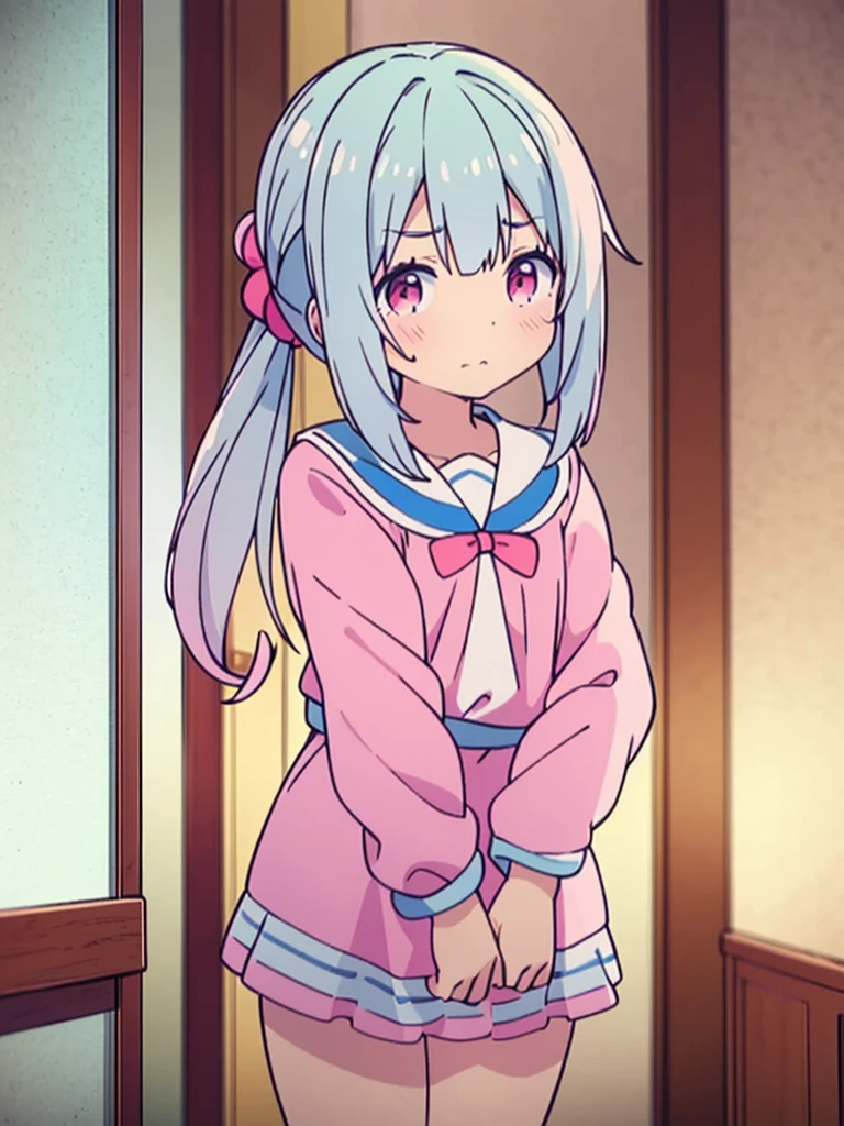 long light blue fur,deep red pink eyes,Hair up with two pink scrunchies.,Short double ponytail,Qi bangs,There are two long hair curtains on both sides.,Wearing a white sailor uniform.,Short skirt,Raise your bangs with hairpins,The sleeves are long,Fresh environment,warm color palette,The eyes have God.,to emphasize,Masterpiece,rubor rubor cuerpo completo Short skirt tableada medias largas blancas