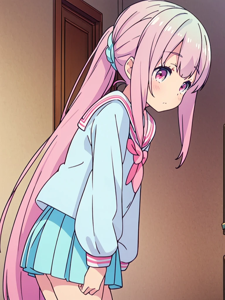 long light blue fur，deep red pink eyes，Hair up with two pink scrunchies.，Short double ponytail，Qi bangs，There are two long hair curtains on both sides.，Wearing a white sailor uniform.，Short skirt，Raise your bangs with hairpins，The sleeves are long，Fresh environment，warm color palette，The eyes have God.，to emphasize，Masterpiece，rubor rubor cuerpo completo Short skirt tableada medias largas blancas 