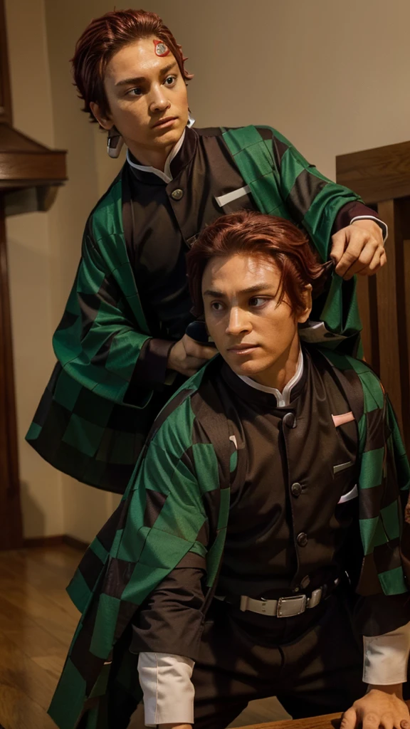 Boy, Messi hair, red hair, brown uniform with green checkered cape, tanjiro kamado appearance https://images.app.goo.gl/UGrn1PMBAYNWMVkg9