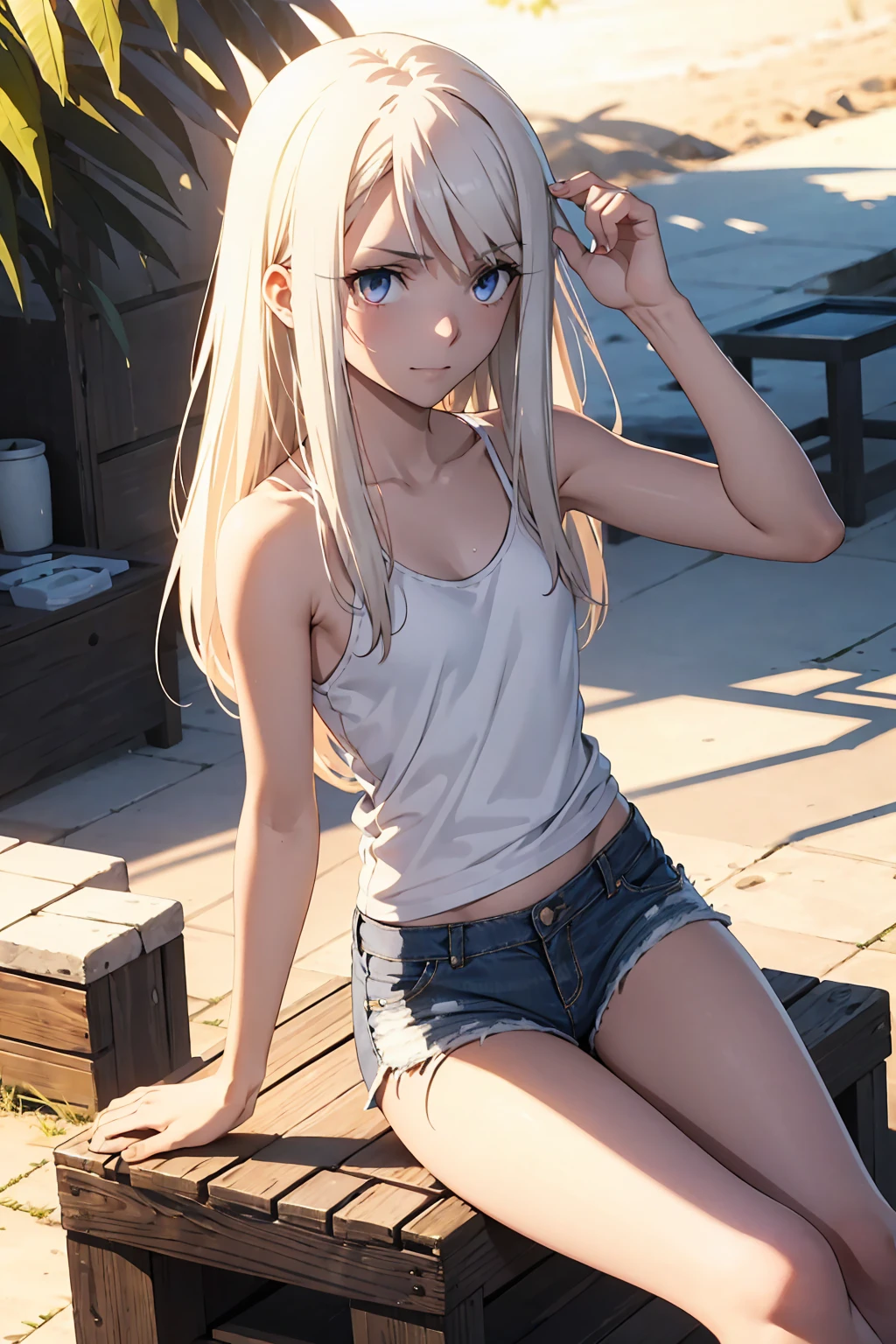 {{{{{Red colored eyes}}}}++ Browsing Caution (Highest quality:1.5, High resolution, 超High resolution, 4K, Detailed lighting, Shaders)(masterpiece:1.2), Very detailed, Illyasviel von Einzbern {{Red colored eyes}}++ alone, Cowboy Shot,Long Hair, Gray Hair, Red eyes, A small white tank top Denim shorts M-shaped foot sneer Beautiful beach Realistic sun rays topless Completely naked Roll up your shirt Sweat Outdoor