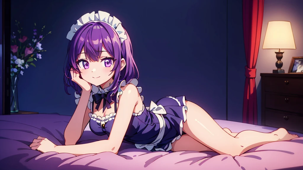 1girl, purple hair, purple eyes, nice hands, perfect hands, light smile, wearing maid costume, high res, ultrasharp, 8K, masterpiece, looking at viewer, delicate poses, light pink cute background, bedroom background, ,indoors, sitting in bed, confident, ultra detailed, best quality, beautiful,lovestruck expression, high detail textures, high detail eyes, bright colors,landscape,insanely detailed, absurdres, ultra-highres, ultra-detailed, best quality, nice hands, ultra detailed eyes, ultra detailed hair, ultra cute, ultra beautiful, full body shot