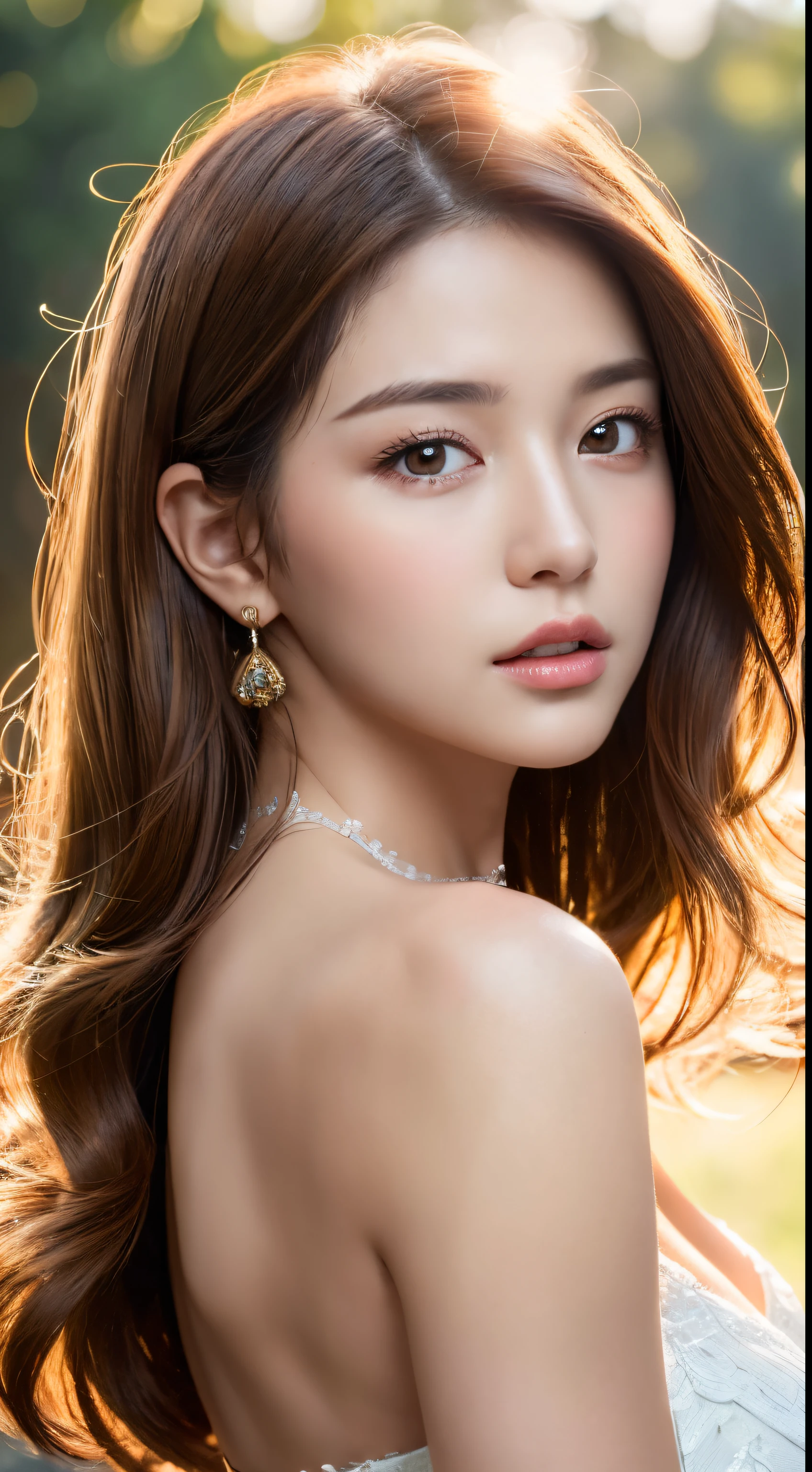 ((best quality, 8K, masterpiece :1.3)), 1 woman, pretty girl emphasizing, light brown hair, big bust, (back light :1.2), very detailed face, detailed eyes, double eyelid