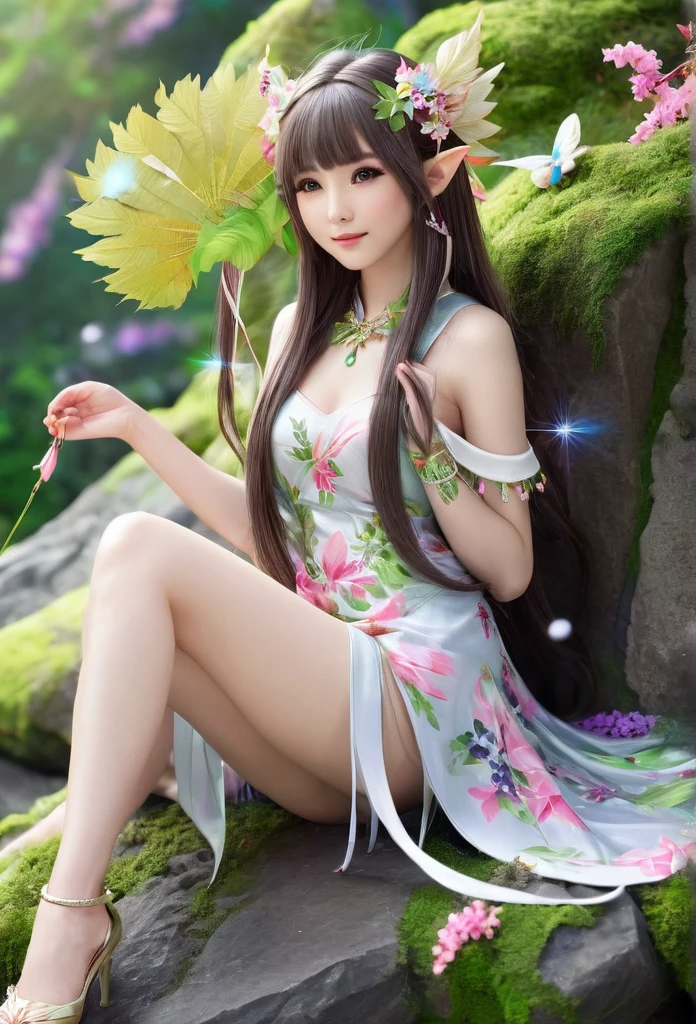 beautiful Japanese elf, (elf ears)perfect and angelic face, long hair, (decorated with flowers) fringe, full body, holding a fan, wearing a beautiful short tight dress made of leaves,she's gracefully sitting on stone surrounded by sparkling flowers (high quality),(refined details)
