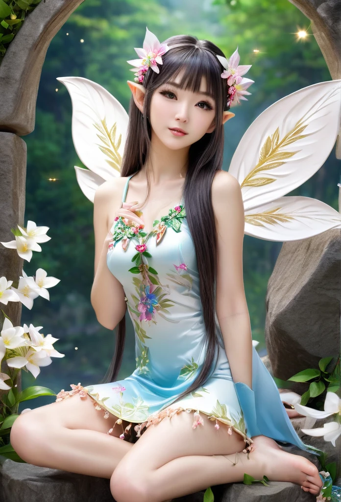 beautiful Japanese elf, (elf ears)perfect and angelic face, long hair, (decorated with flowers) fringe, full body, holding a fan, wearing a beautiful short tight dress made of leaves,she's gracefully sitting on stone surrounded by sparkling flowers (high quality),(refined details)