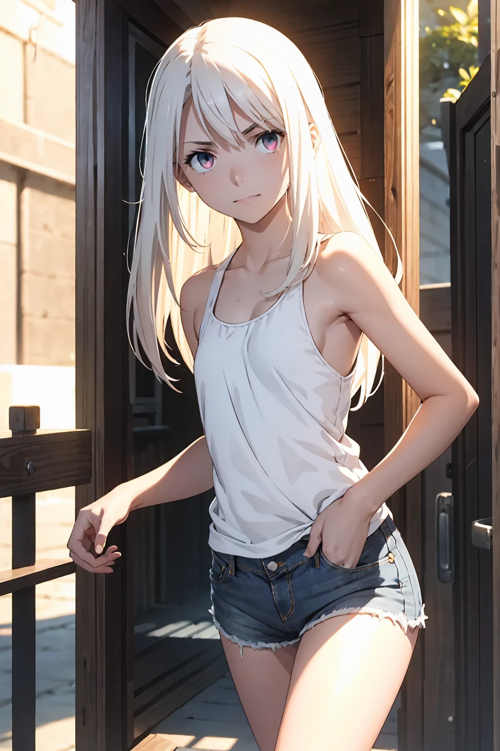 {{{{{Red colored eyes}}}}++　Browsing Caution　(Highest quality:1.5, High resolution, 超High resolution, 4K, Detailed lighting, Shaders)(masterpiece:1.2), Very detailed, Illyasviel von Einzbern　{{Red colored eyes}}++　alone, Cowboy Shot,Long Hair, Gray Hair, Red eyes, A small white tank top　Denim shorts　M-shaped foot　sneer　Beautiful beach　Realistic sun rays　topless　Completely naked　Roll up your shirt　Sweat　Outdoor