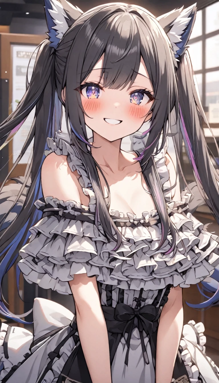 (Double tail), Colored highlighted hair, dark gray long hair,, 1個女孩綁著Double tail, blush, Upper Body, highly detailed eyes, Hiring, clavicle, frilly dress, Smile
