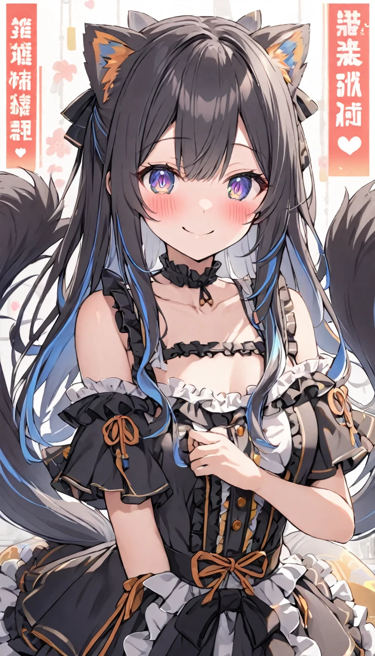 (Double tail), Colored highlighted hair, dark gray long hair,, 1個女孩綁著Double tail, blush, Upper Body, highly detailed eyes, Hiring, clavicle, frilly dress, Smile