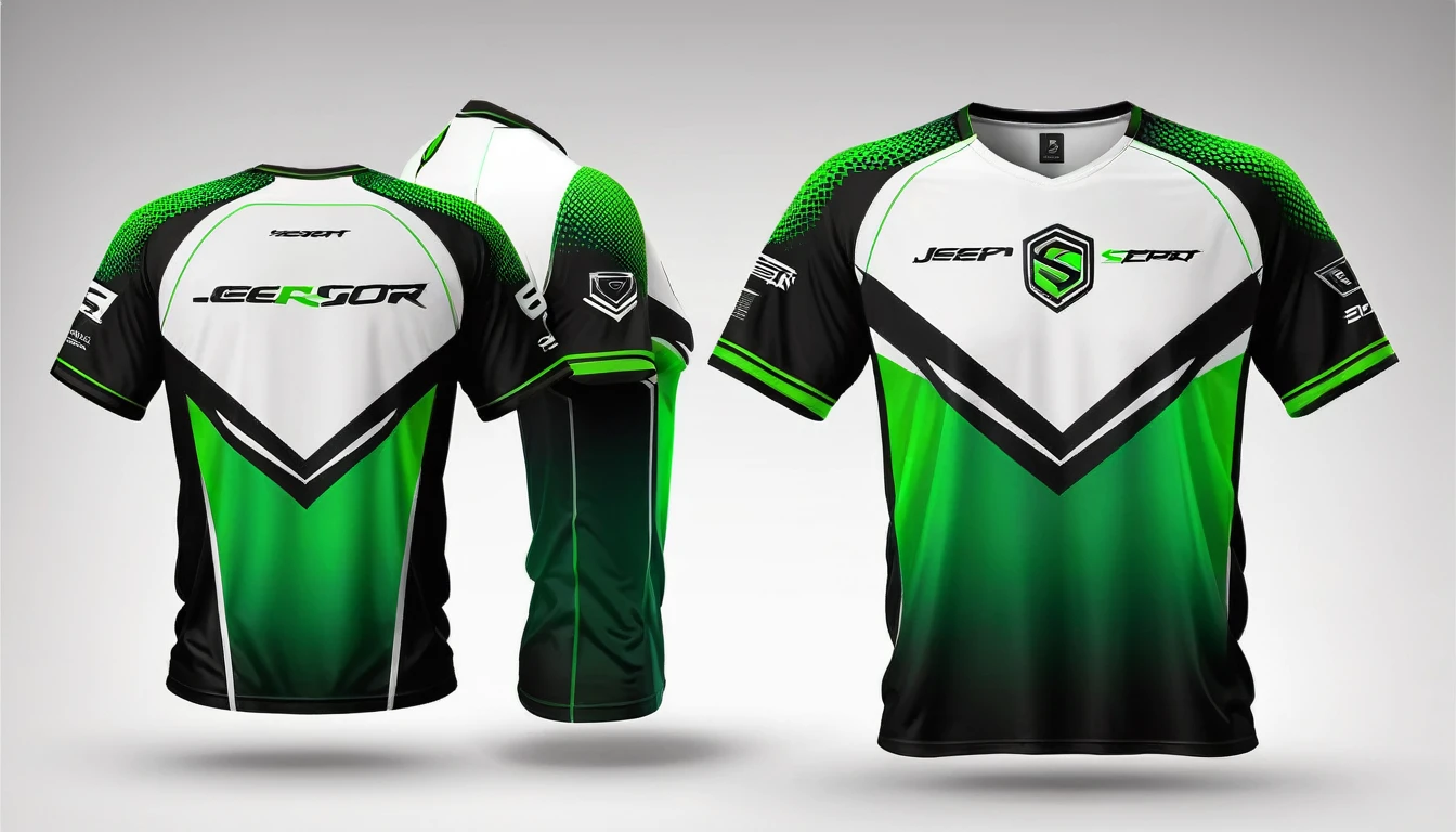 a white and green jersey with a futuristic design, racing, e-sport style, no jersey, sport clothing, wearing a volleyball jersey, sports clothing, black jersey, shirt design, t shirt design, e-sports logo vector, esports, realistic clothing, tshirt design, t - shirt design, t-shirt design, gaming, professional sports style, sport t-shirt