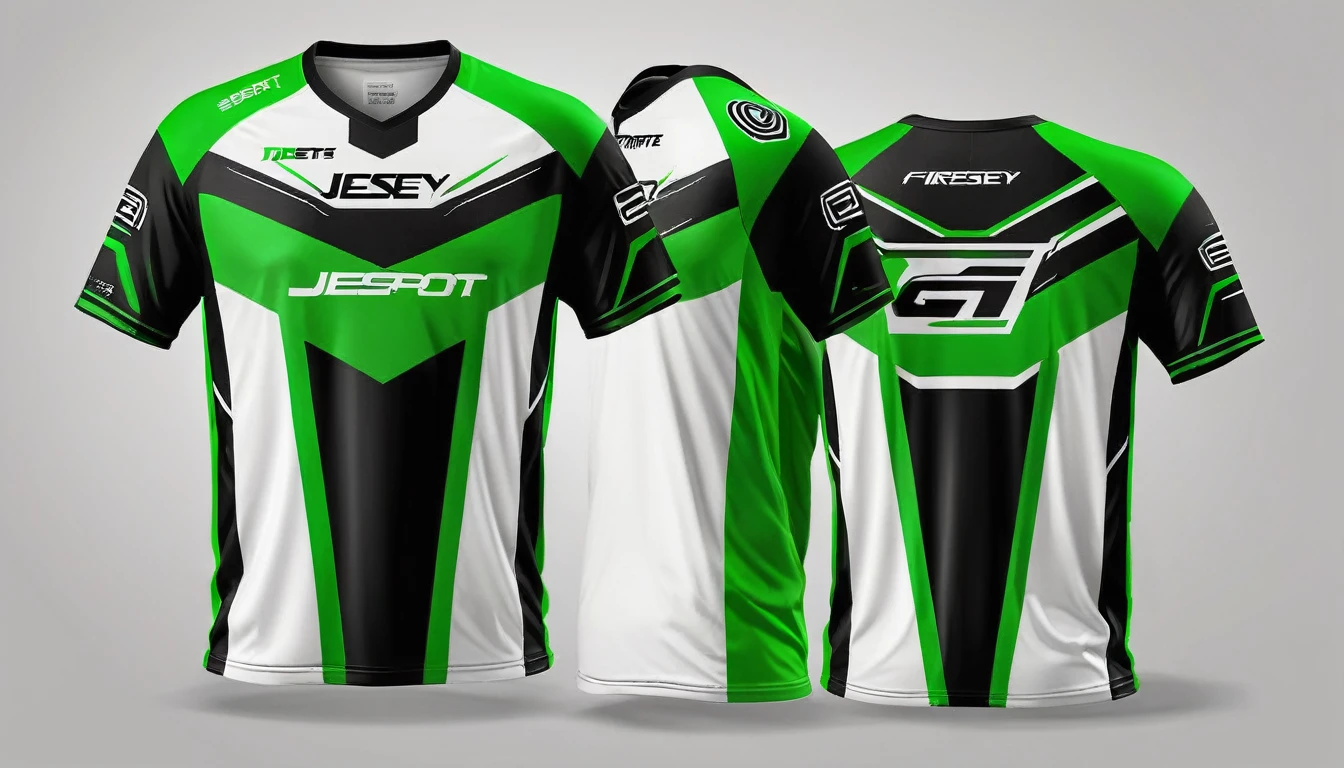 a white and green jersey with a futuristic design, racing, e-sport style, no jersey, sport clothing, wearing a volleyball jersey, sports clothing, black jersey, shirt design, t shirt design, e-sports logo vector, esports, realistic clothing, tshirt design, t - shirt design, t-shirt design, gaming, professional sports style, sport t-shirt