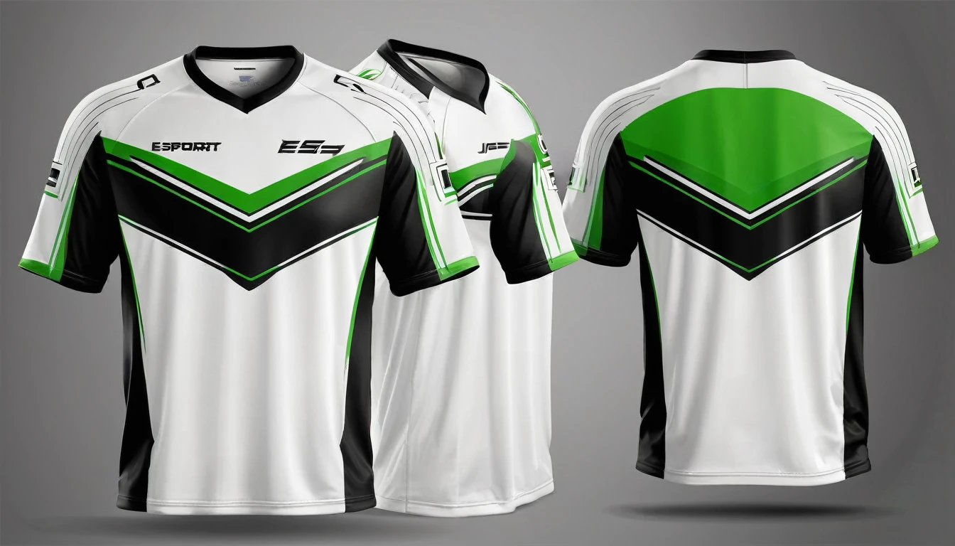 a white and green jersey with a futuristic design, racing, e-sport style, no jersey, sport clothing, wearing a volleyball jersey, sports clothing, black jersey, shirt design, t shirt design, e-sports logo vector, esports, realistic clothing, tshirt design, t - shirt design, t-shirt design, gaming, professional sports style, sport t-shirt