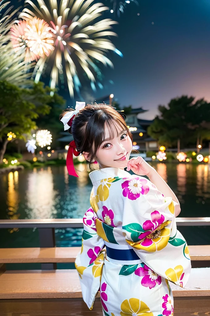 ((Highest quality, 8K, masterpiece: 1.3)),RAW Photos,Realistic atmosphere,Lens flare, Ray Tracing,(Detailed beautiful white skin:1.3),Beautiful Japanese, High-resolution face,Bun Hair,Red and gold hair ornament,(Watching the fireworks wearing a floral yukata:1.2),Huge fireworks,(White yukata with sleeves:1.2),((Ribbon-type obi:1.3)),((Looking back with an innocent smile:1.3)),Blurred grand fireworks,(Many colorful fireworks:1.2)Star Mine,Fireworks across the sky,Large fireworks,Huge fireworks