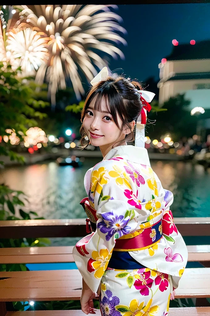 ((Highest quality, 8K, masterpiece: 1.3)),RAW Photos,Realistic atmosphere,Lens flare, Ray Tracing,(Detailed beautiful white skin:1.3),Beautiful Japanese, High-resolution face,Bun Hair,Red and gold hair ornament,(Watching the fireworks wearing a floral yukata:1.2),Huge fireworks,(White yukata with sleeves:1.2),((Ribbon-type obi:1.3)),((Looking back with an innocent smile:1.3)),Blurred grand fireworks,(Many colorful fireworks:1.2)Star Mine,Fireworks across the sky,Large fireworks,Huge fireworks
