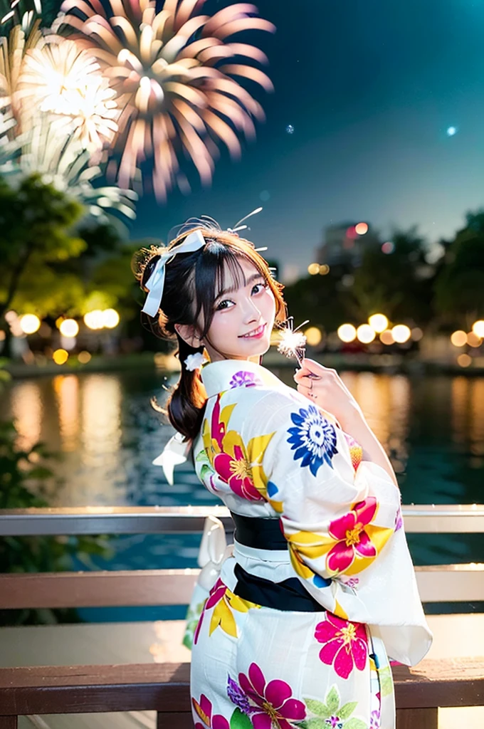 ((Highest quality, 8K, masterpiece: 1.3)),RAW Photos,Realistic atmosphere,Lens flare, Ray Tracing,(Detailed beautiful white skin:1.3),Beautiful Japanese, High-resolution face,Bun Hair,Red and gold hair ornament,(Watching the fireworks wearing a floral yukata:1.2),Huge fireworks,(White yukata with sleeves:1.2),((Ribbon-type obi:1.3)),((Looking back with an innocent smile:1.3)),Blurred grand fireworks,(Many colorful fireworks:1.2)Star Mine,Fireworks across the sky,Large fireworks,Huge fireworks