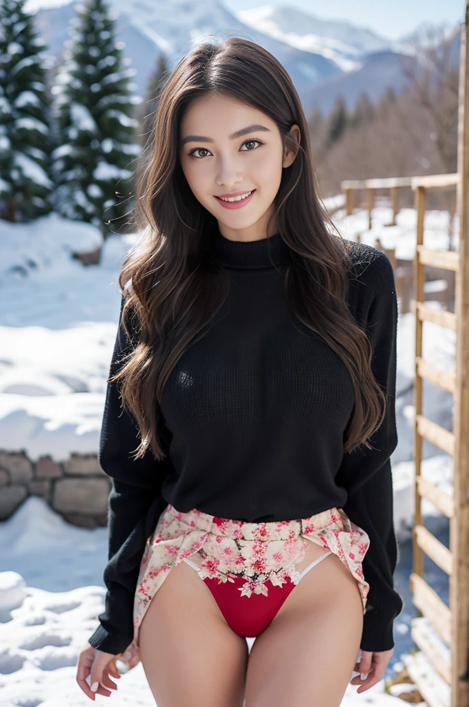 the Extremely Detailed CG Unity 8K Wallpapers、top-quality、ultra-detailliert、masterpiece、realisitic、Photo Real、extremely detailed cute girl、25-years old、(skirt rift)、(skirt lift by yourself))、Different color panties for each image、panties focus、red blush、cparted lips、looking at the viewers、Half body shot、Beautiful woman wearing fashionable and classy clothes、Beautiful snowfall landscape with snowy mountains) Different hair lengths and waves for each image,Sweet smile