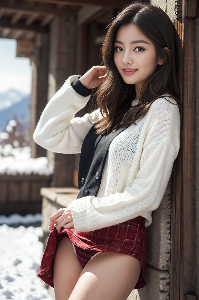 the Extremely Detailed CG Unity 8K Wallpapers、top-quality、ultra-detailliert、masterpiece、realisitic、Photo Real、extremely detailed cute girl、25-years old、(skirt rift)、(skirt lift by yourself))、Different color panties for each image、panties focus、red blush、cparted lips、looking at the viewers、Half body shot、Beautiful woman wearing fashionable and classy clothes、Beautiful snowfall landscape with snowy mountains) Different hair lengths and waves for each image,Sweet smile