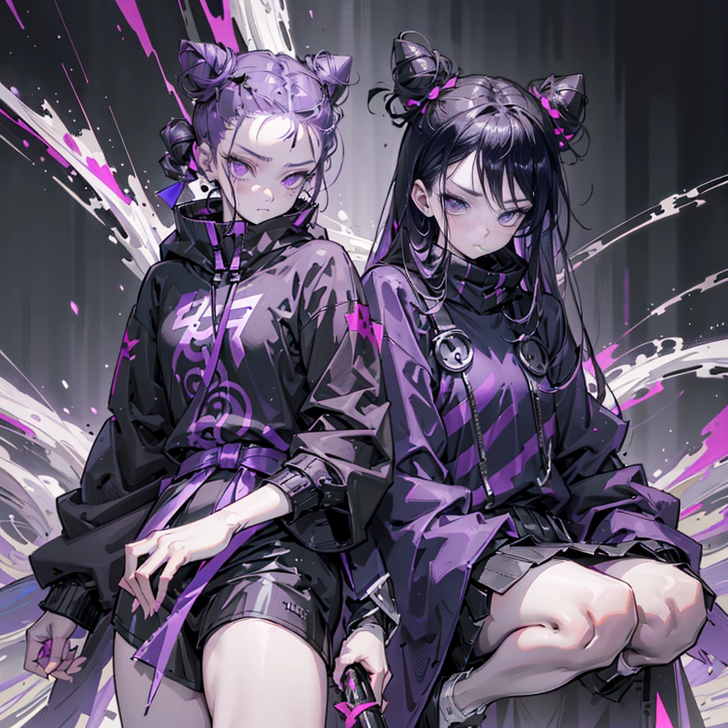 boy. open forehead. black and purple hair tied in a bun on the left side to one side. sinuous black horns wrapped in dark purple ribbon. pale violet eyes. in short dark purple shorts. long white T-shirt. dark purple knee-high socks. dark purple long cloak with hood