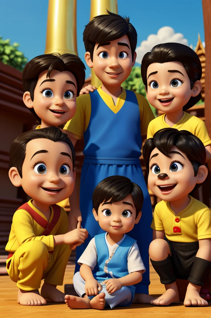 A cartoon A family of ten character in the style of Disney + Pixar, boy with puppy in Wat Thai at Thailand, 3d rendering
