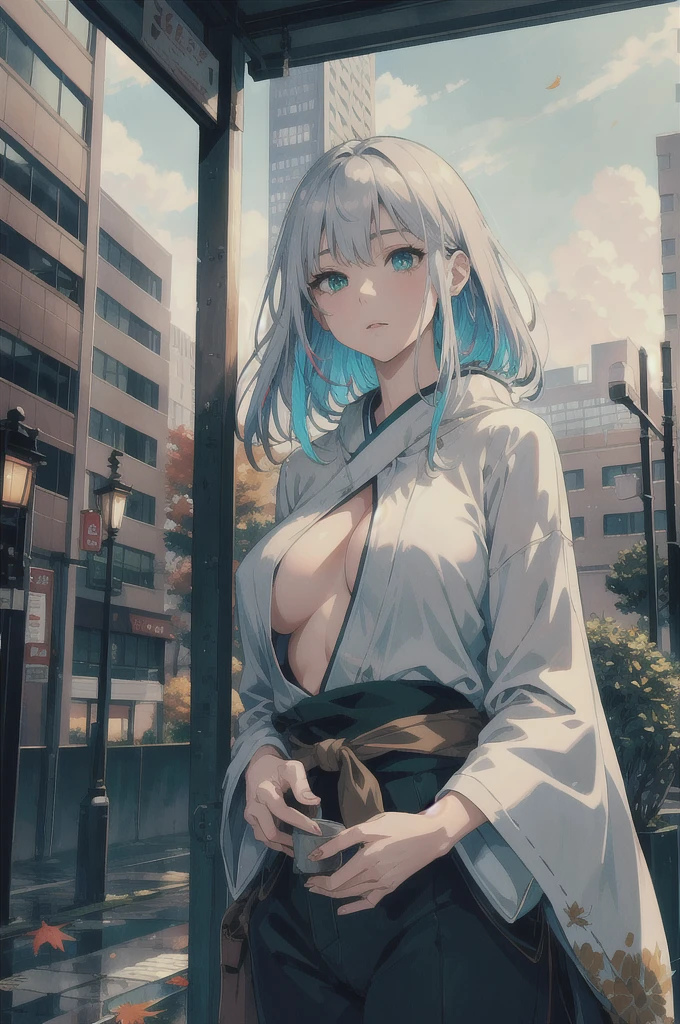 japan, highres, highest quallity, illustration, ultra detailed, (detailed face), (detailed eyes), soft lighting, best quality, hazy glow, dreamy atmosphere, hyper detailed, masterpiece, 1girl, solo, silver hair, green eyes, knitwear, luminous eyes, medium , (colorful), cowboy shot, from below, outdoors, morning, clouds, tall buildings in background, industrial, public transportation, urban, concrete buildings, concrete, sidewalk, busy, trees, autumn, falling leaves, big tit, no cloth