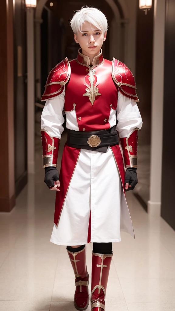 1boy,white hair, best quality, photo, 4k,looking at viewer,full body,wear red armor,