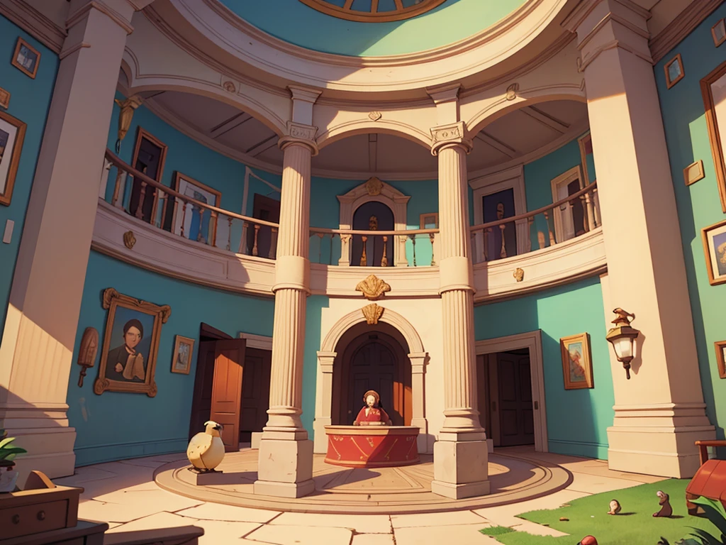 A entire historical museum map in the style of among us, a round room in the middle including a ruby, connected corridors, top down view, 2d game, bird perspective