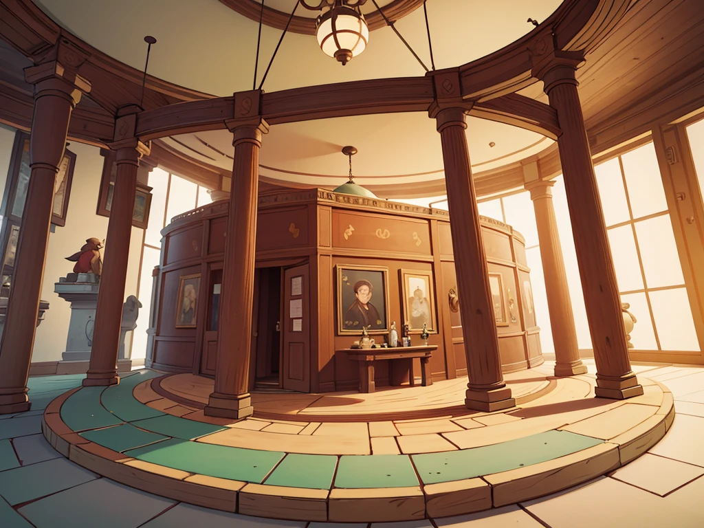 A entire historical museum map in the style of among us, a round room in the middle including a ruby, connected corridors, top down view, 2d game, bird perspective