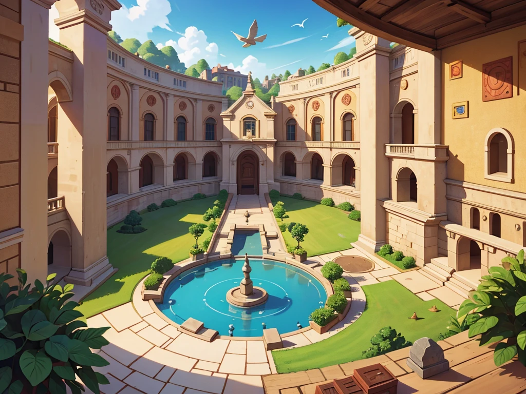 A entire historical museum map in the style of among us, a round room in the middle including a ruby, connected corridors, top down view, 2d game, bird perspective
