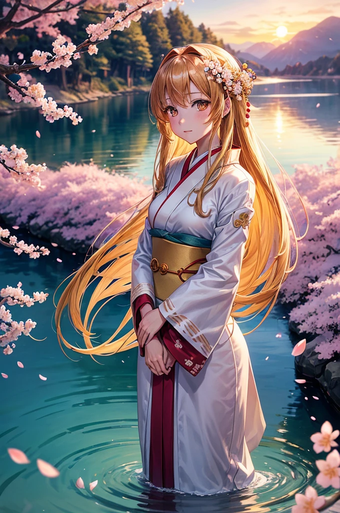 Asuna, masterpiece, best quality, detailed, (1 girl), alone, detailed golden eyes, long hair, Permanent, close to viewer, (detailed kimono), A faint smile, Medium breasts, (Put your arms behind your back), water, Sunset, (hair accessories), (cherry blossoms in bloom), Snowy mountains and lake in the background