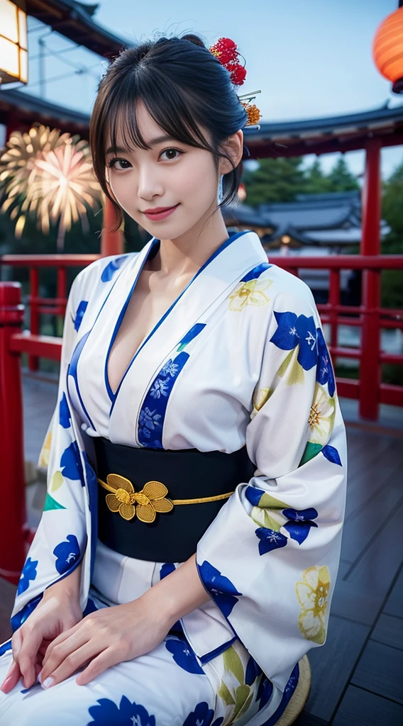 (8K、Raw photography、top-quality、masterpiece:1.2)、(reallistic、Photorealsitic:1.37)、The ultra -The high-definition、1 girl in、cute little、solo、natta、Sitting、date、(Nasal redness)、(A smile:1.1)、(Closed)、Colossal tits、beautidful eyes、(short-hair:1.2)、(((Fireworks in the sky、natta)))、(((kimono、yukata)))、cleavage on the chest、perfect bodies、Perfect fingers、profetional lighting、goddess of Japan、gravure、Detailed face and skin texture、A detailed eye、Raw photo