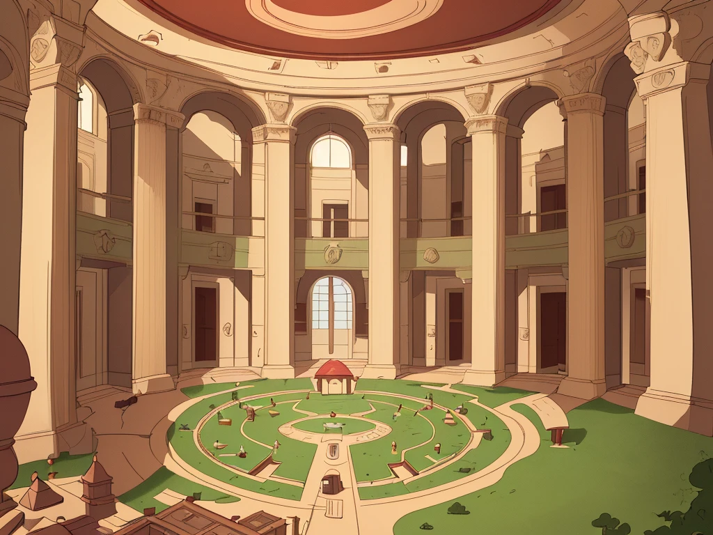 A entire historical museum map in the style of among us, a round room in the middle including a ruby, connected corridors, top down view, 2d game, bird perspective