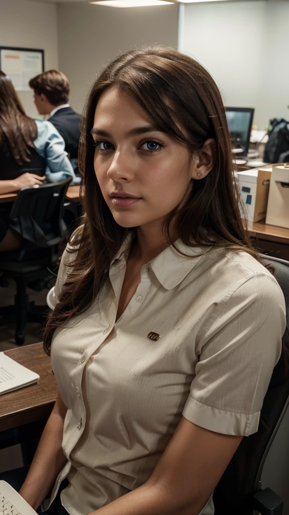 a young man with brown hair and a successful expression working in the office with his coworkers, beautiful detailed eyes, beautiful detailed lips, extremely detailed eyes and face, long eyelashes, formal business attire, working on office computer, office setting with desk and chairs, warm lighting, photorealistic, 8k, cinematic, highres, masterpiece, ultra-detailed, realistic