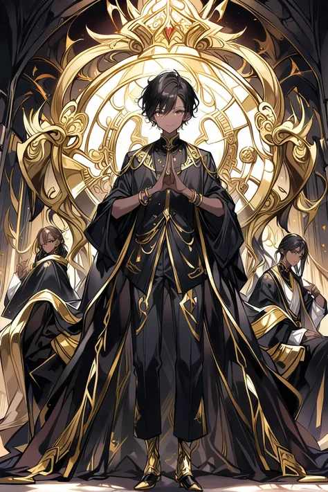 anime - style illustration of a man in a black robe standing in front of a golden throne