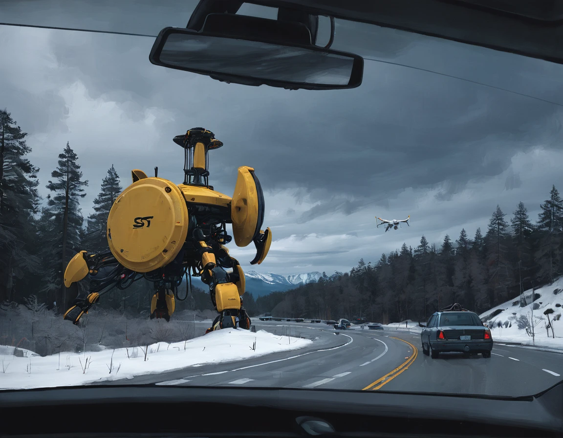 sst, Roadside, neve, clouds, trees, mountainscape, energy lines, mechanical drones, view from inside the car