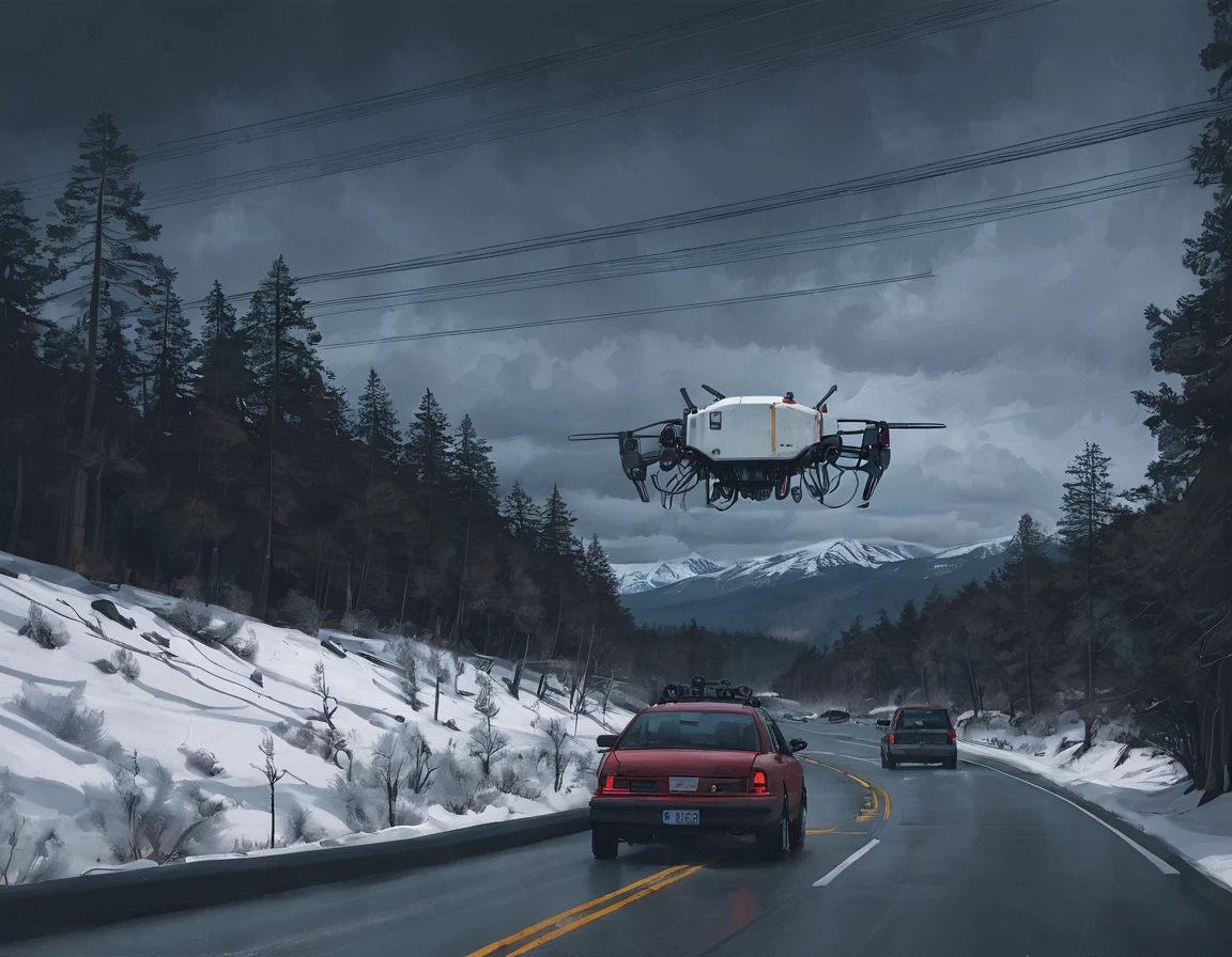 sst, Roadside, neve, clouds, trees, mountainscape, energy lines, mechanical drones, view from inside the car