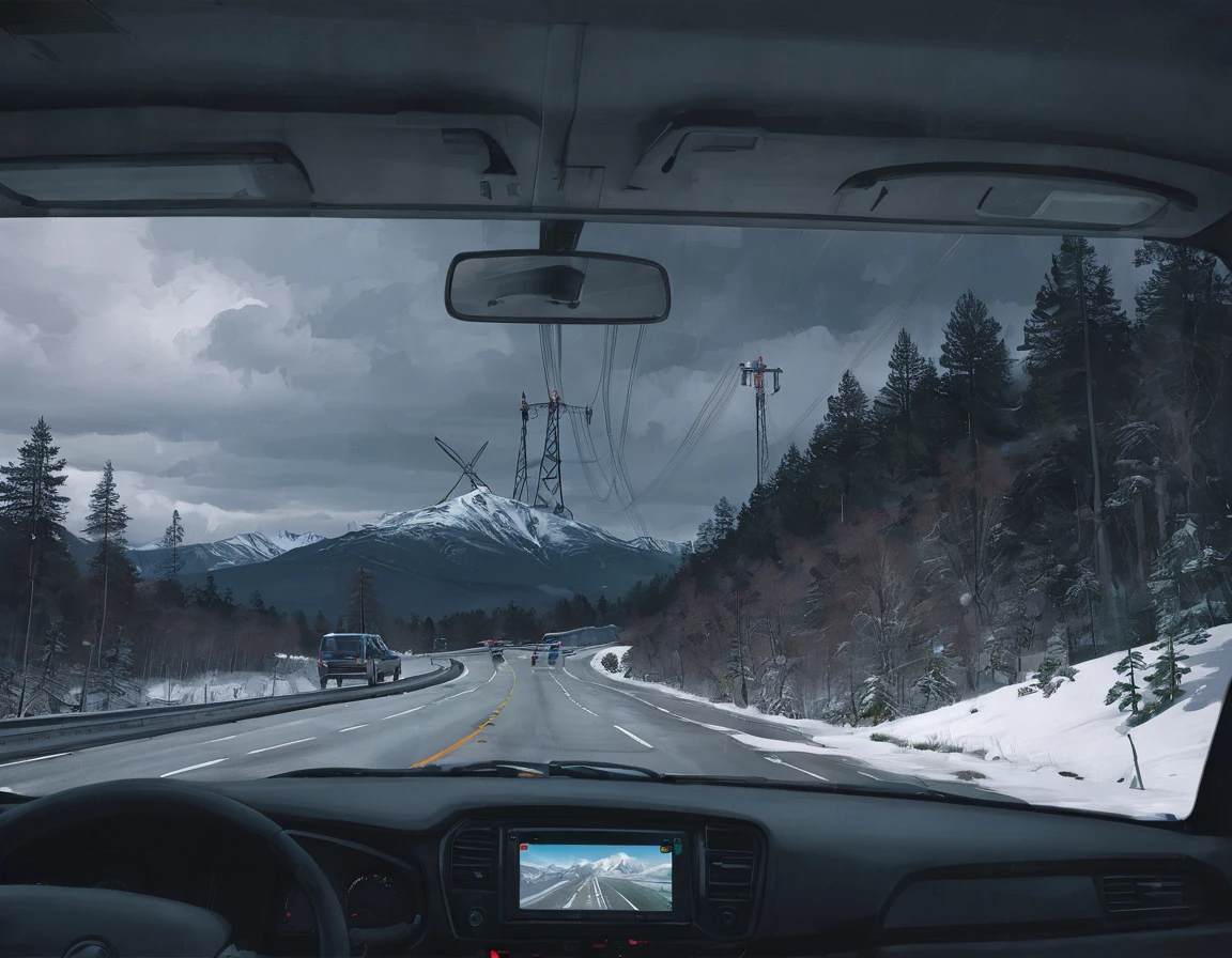 sst, Roadside, neve, clouds, trees, mountainscape, energy lines, mechanical drones, view from inside the car