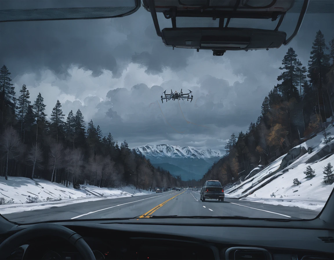 sst, Roadside, neve, clouds, trees, mountainscape, energy lines, mechanical drones, view from inside the car