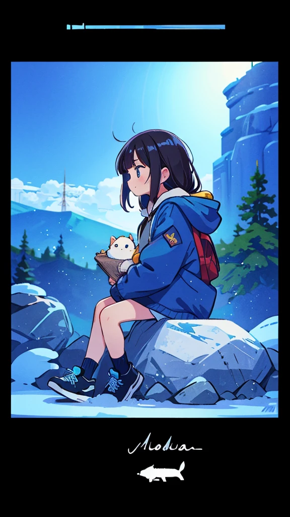 Masterpiece, intricately details,Best quality, 1girll, Solo, Bird, Hood, Sitting, Long hair, shoes, Jacket, blackfootwear, Hood down, animal on shoulder, whaite hair, Animal, blue jacket, Sneakers, sign, Cloud, bangs, Long sleeves, From the side Side, Hoodie, profile, Outdoors, bird on shoulder, sky, jaqueta com capuz