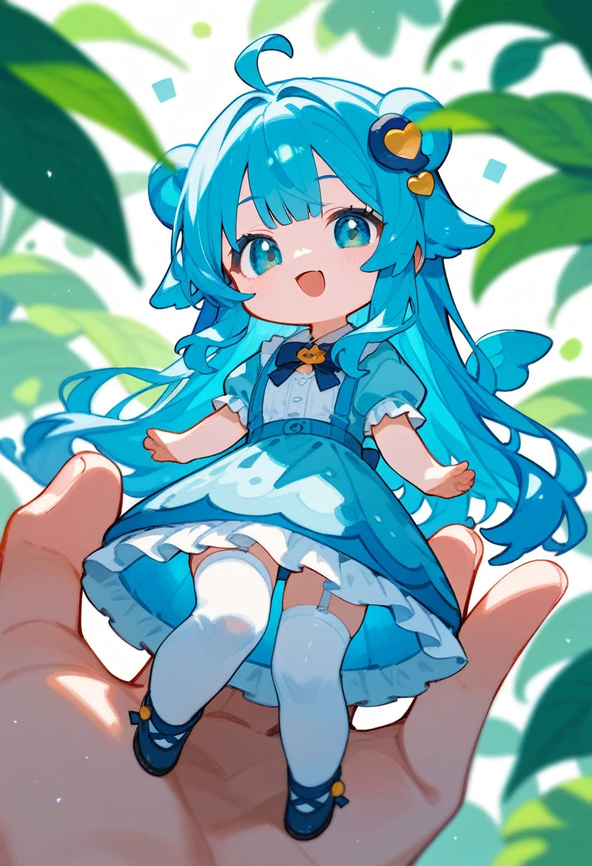Cute kawai chibi style girl with blue hair wearing a light blue dress and white tulle stockings
