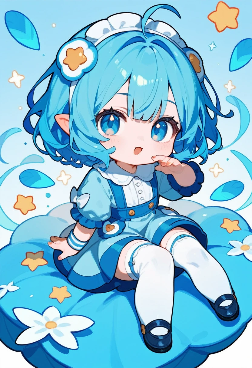 Cute kawai chibi style girl with blue hair wearing a light blue dress and white tulle stockings