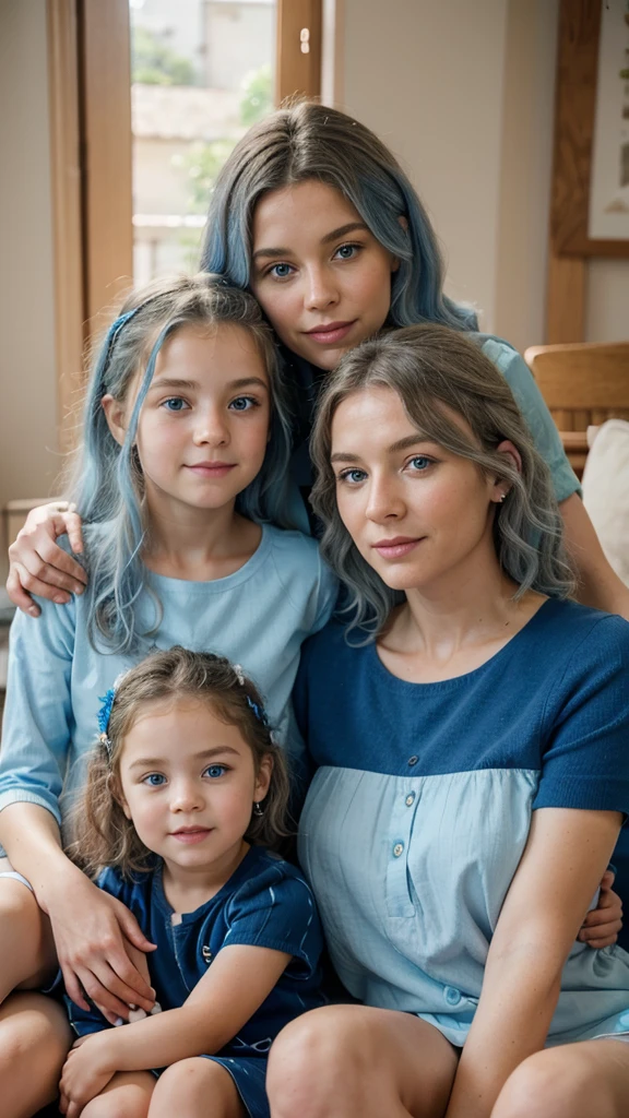 detailed portrait of a young family, a small with fair skin and white curly hair with blue eyes, an older girl with ash-colored hair and blue eyes, the children are wearing beautiful clothes, the parents are sitting next to them, father and mother, realistic, photorealistic, detailed, 4k, 8k, vibrant colors, warm lighting, cinematic composition, elegant, high quality