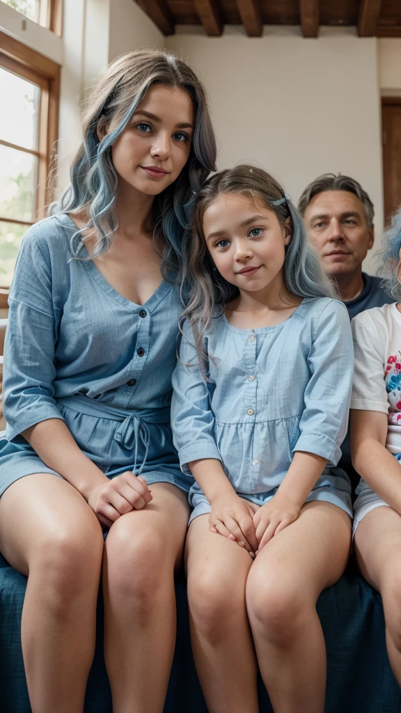 detailed portrait of a young family, a small with fair skin and white curly hair with blue eyes, an older girl with ash-colored hair and blue eyes, the children are wearing beautiful clothes, the parents are sitting next to them, father and mother, realistic, photorealistic, detailed, 4k, 8k, vibrant colors, warm lighting, cinematic composition, elegant, high quality