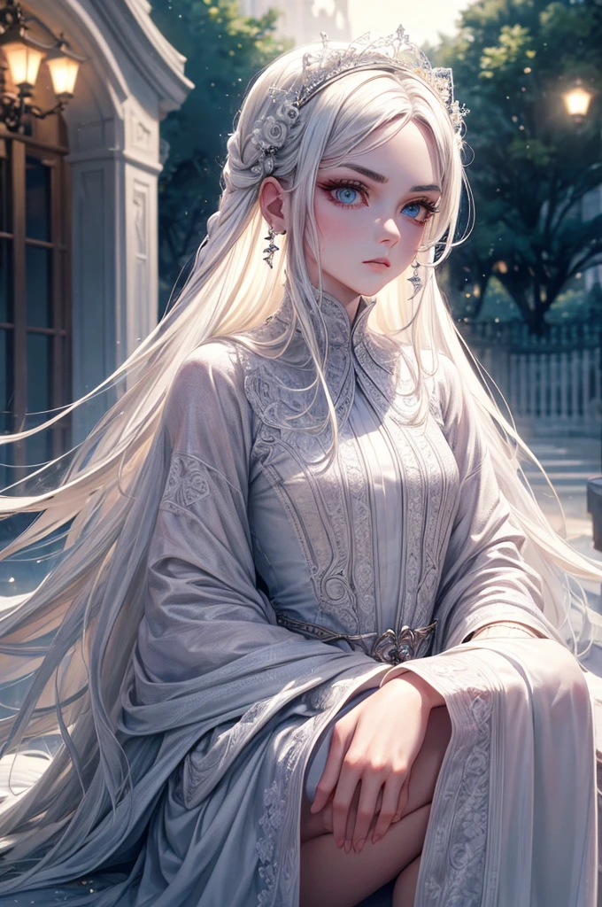 masterpiece, best quality, (alone focus), (perfect face:1.1), (high detail:1.1), (Ultra-detailed eyes), Dramatic, 1 person, (pale skin), long white hair, ethereal eyes, (Light eyebrows), alone, long hair, Thiago Azevedo, moon, night, White luxury suit, Pouting, Fur, A proud expression,garden, Detailed Background, artgerm art, movie lighting, Rose, Fashion, Balenciaga style