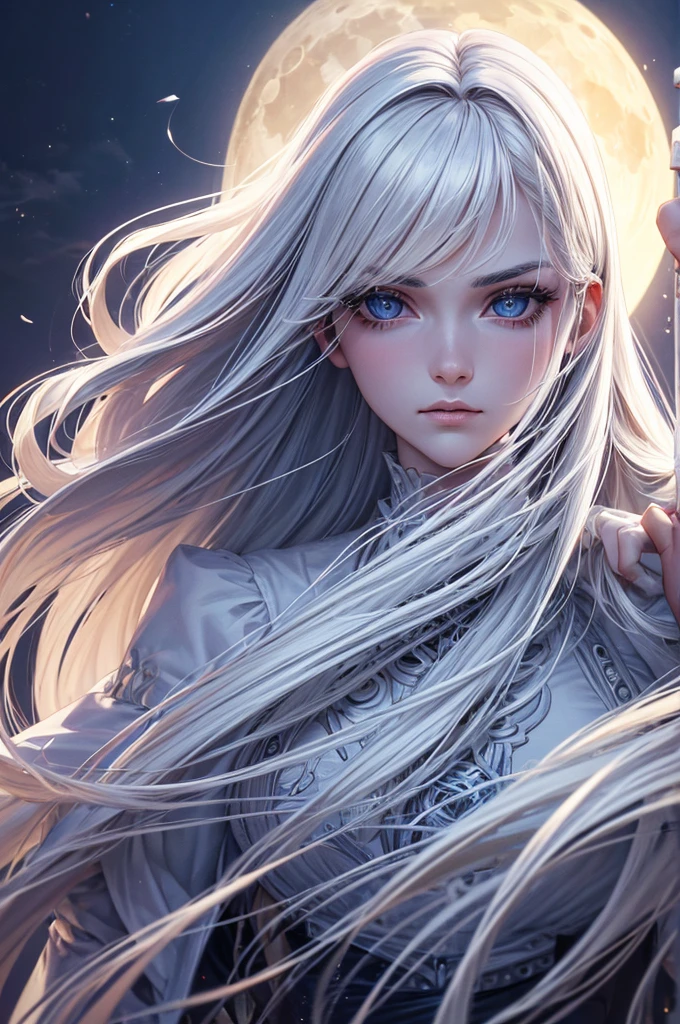 masterpiece, best quality, (alone focus), (perfect face:1.1), (high detail:1.1), (Ultra-detailed eyes), Dramatic, 1 person, (pale skin), long white hair, ethereal eyes, (Light eyebrows), alone, long hair, Thiago Azevedo, moon, night, White luxury suit, Pouting, Fur, A proud expression,garden, Detailed Background, artgerm art, movie lighting, Rose, Fashion, Balenciaga style