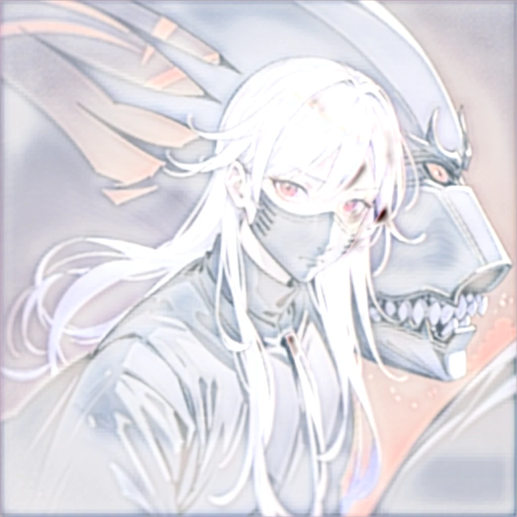 Boy,white hair,red eyes, black shirt, Black plants,black mask