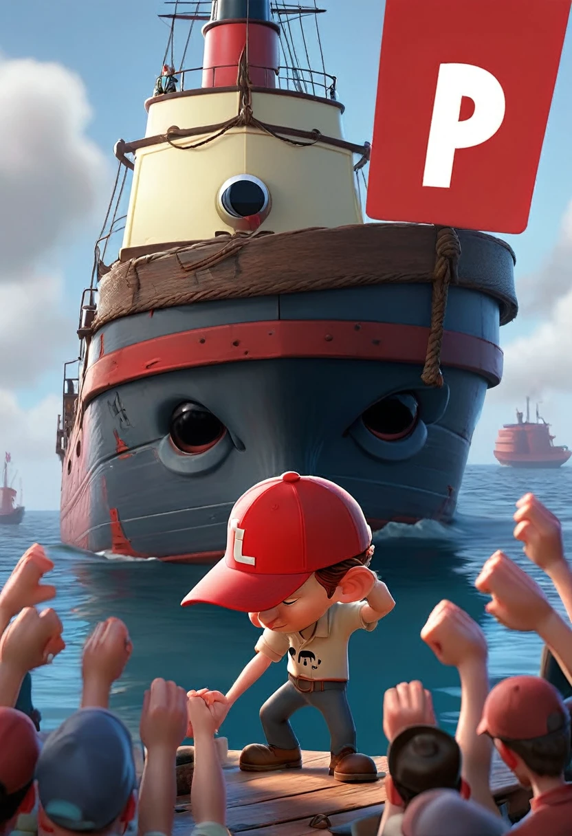 Image shows a man with a red cap written "PT", the man is crying and is making an "L" with his hands. In the background there is a sinking ship. Pixar style image.