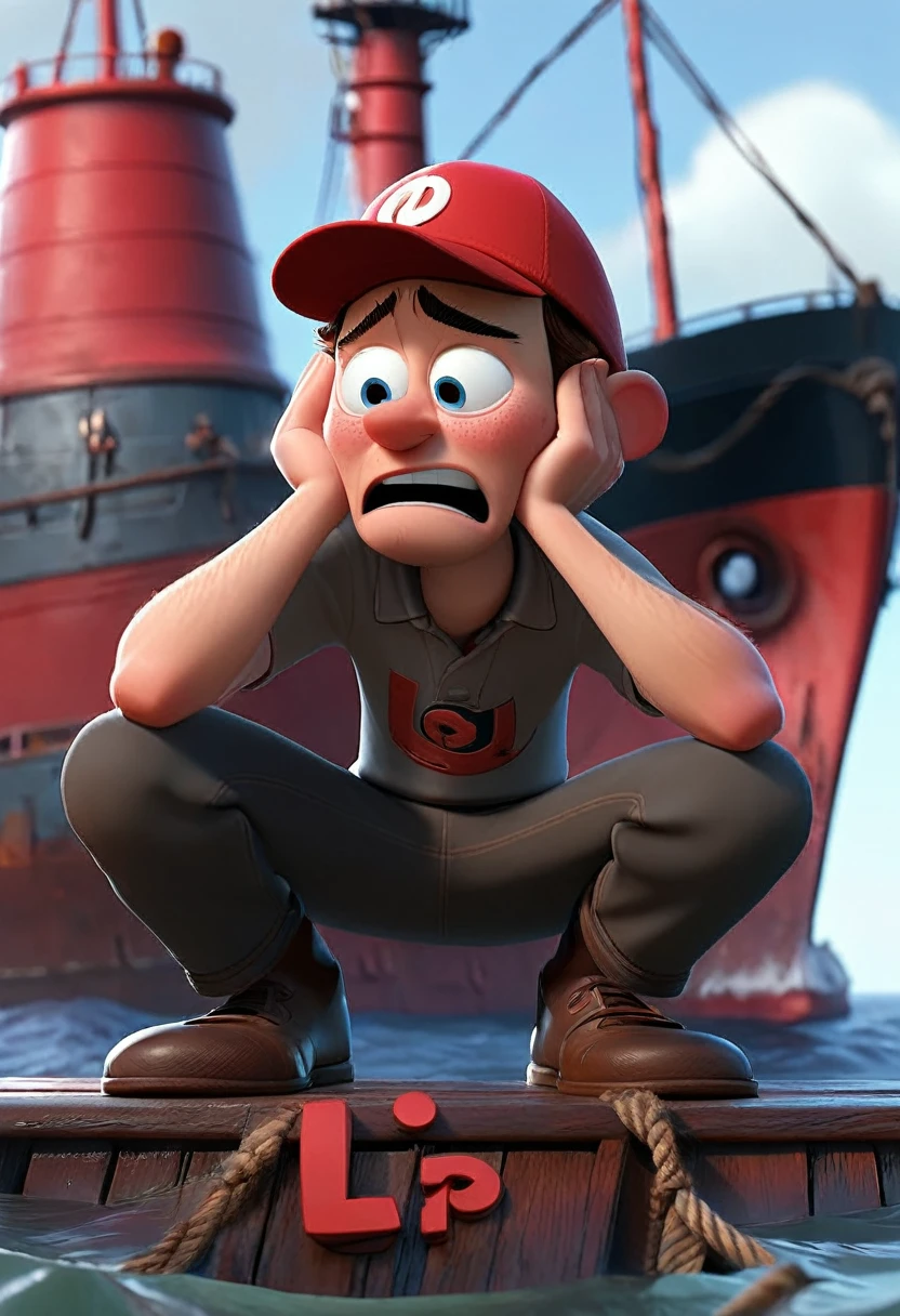 Image shows a man with a red cap written "PT", the man is crying and is making an "L" with his hands. In the background there is a sinking ship. Pixar style image.