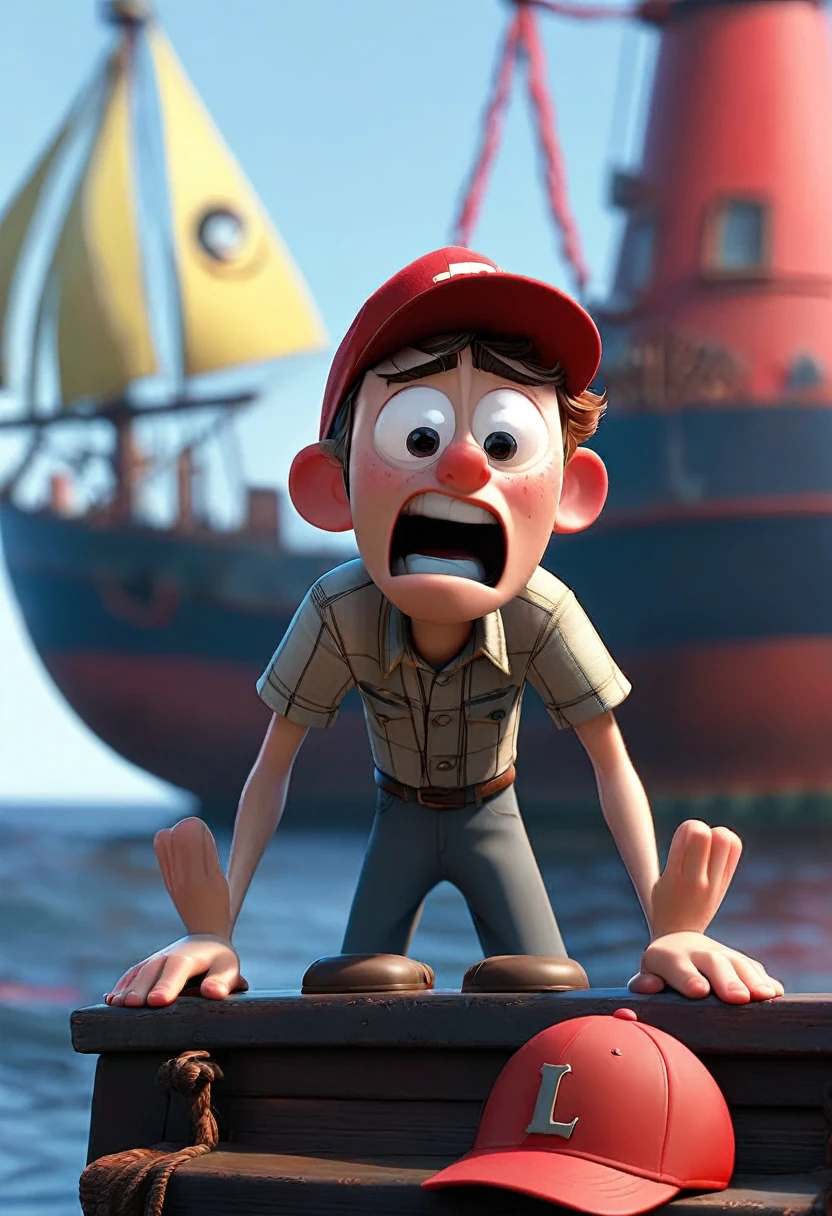 Image shows a man with a red cap written "PT", the man is crying and is making an "L" with his hands.  In the background there is a sinking ship.  Pixar style image.